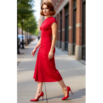 Kadın Tek Omuz Drapeli Midi Abiye Elbise Özel Günler İçin Kayık Yaka A Line Kokteyl Şıklığı Sunar.