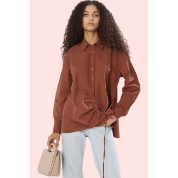 Kadın Terrycotton Dokuma Gömlek Büzgü Detaylı Uzun Kollu Günlük Yaz Aylarının Vazgeçilmezi