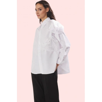 Kadın Terrycotton Dokuma Gömlek Fiyonk Detaylı Uzun Kollu Günlük Yaz Aylarının Vazgeçilmezi