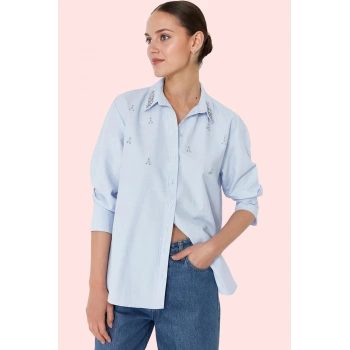 Kadın Terrycotton Dokuma Gömlek Oversize Taş Detaylı Günlük ve Şık Yaz Aylarının Vazgeçilmezi