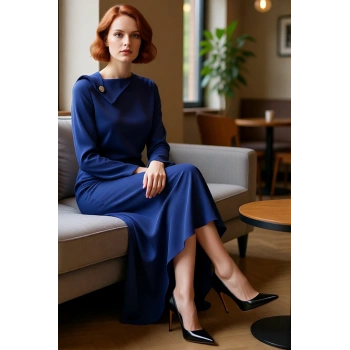 Kadın Tesettür A Line Maxi Elbise İspanyol Kol Kayık Yaka Düğme Aksesuarlı Dokuma Kumaş Zarafeti