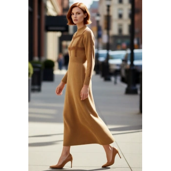 Kadın Tesettür Dantel Detaylı Balon Kol Dik Yaka Skater Maxi Triko Elbise Kış Kombinleri İçin İdeal