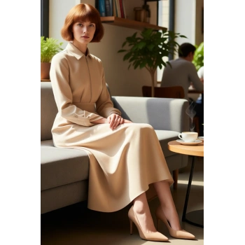 Kadın Tesettür Gabardin Dokuma Maxi Elbise Fermuar Detaylı Gömlek Yaka Düz A Kesim Kış Kaliteli