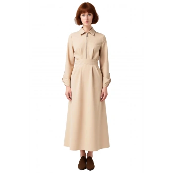 Kadın Tesettür Gabardin Dokuma Maxi Elbise Fermuar Detaylı Gömlek Yaka Düz A Kesim Kış Kaliteli