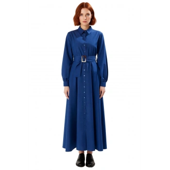 Kadın Tesettür Giyim Dokuma Kumaş Uzun Kollu Kuşaklı Maxi Boy Gömlek Elbise İş ve Özel Davetler İçin