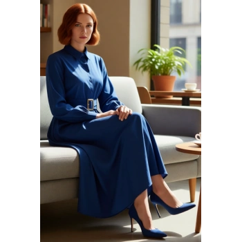 Kadın Tesettür Giyim Dokuma Kumaş Uzun Kollu Kuşaklı Maxi Boy Gömlek Elbise İş ve Özel Davetler İçin