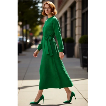 Kadın Tesettür Giyim Kuşaklı Triko Elbise Shift Kalıp Maxi Boy Uzun Balon Kol Detaylı Kaliteli