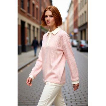 Kadın Tesettür Renk Bloklu Polo Yaka Düşük Kol Ribana Triko Kazak Regular Kalıp Kışlık Kaliteli