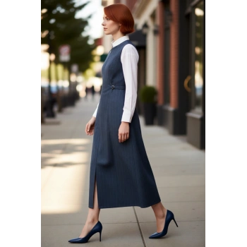 Kadın Tesettür Shift Kalıp Çizgili Kolsuz Maxi Elbise Fermuarlı Rahat Günlük Kombinlerin Anahtarı