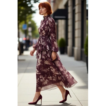 Kadın Tesettür Şifon Dokuma Çiçek Desenli Dik Yaka Astarlı Balon Kol Maxi Elbise Tüm Sezonlar İçin