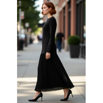 Kadın Tesettür Şık Siyah Maxi Boy Dokuma Elbise Bisiklet Yaka Uzun Standart Kol Gece Kombinleri