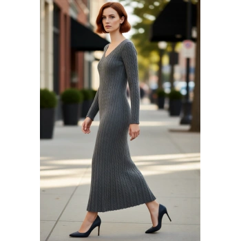 Kadın Triko A Line Saç Örgü Desenli V Yaka Maxi Elbise Uzun Kol Kışlık Günlük Şık ve Rahat Kombinler