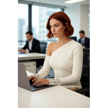 Kadın Triko Asimetrik Yaka Kol Ucu Payetli Şık Rahat Kesim Düşük Kazak İlkbahar Sonbahar