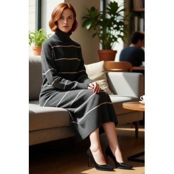 Kadın Triko Balıkçı Yaka Midi Boy Çizgili Düşük Kol Rahat Kalıp Elbise Günlük Şıklık Kaliteli