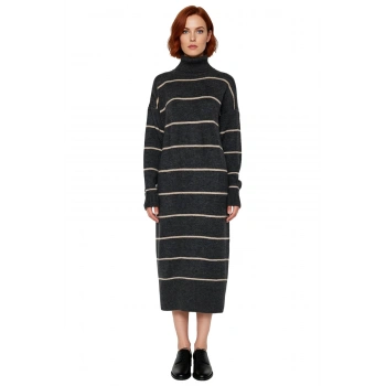 Kadın Triko Balıkçı Yaka Midi Boy Çizgili Düşük Kol Rahat Kalıp Elbise Günlük Şıklık Kaliteli