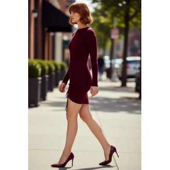 Kadın Triko Bodycon Uzun Kollu Büzgü Detaylı Mini Elbise İlkbahar Sonbahar Şık Görünüm Kaliteli