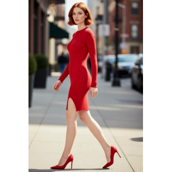 Kadın Triko Bodycon Uzun Kollu Mini Elbise Bisiklet Yaka Tasarım İlkbahar Sonbahar Şıklığı