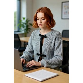 Kadın Triko Çift Taraflı Kurdeleli Crop Kesim Regular Kalıp Düşük Kol Selanik Örgü Akrilik Kazak