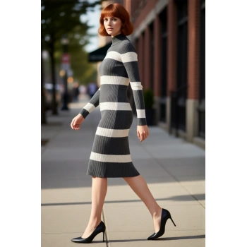 Kadın Triko Çizgili Bodycon Midi Elbise Dik Yaka Uzun Standart Kol Akrilik Rahat Şık Tasarım