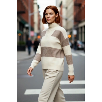 Kadın Triko Çizgili Fermuarlı Dik Yaka Oversize Kazak Konforlu Düşük Kol Kış Giyim Tarzı Kaliteli