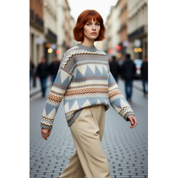 Kadın Triko Etnik Desenli Oversize Kalıp Bisiklet Yaka Uzun Kollu Günlük Şıklık Sunan Kazak