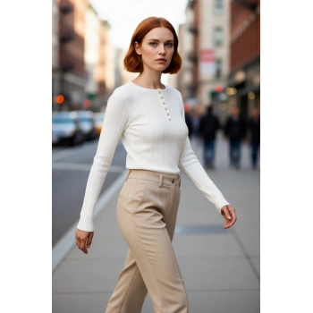 Kadın Triko Fitilli Dokuma Fitted Kalıp Uzun İspanyol Kol Kışlık Bisiklet Yaka Kazak Gündüz Gece