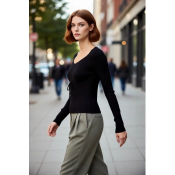 Kadın Triko Fitted Havuz Yaka İnce Dokulu Crop Model Uzun Kollu Şık İlkbahar Sonbahar Kazak