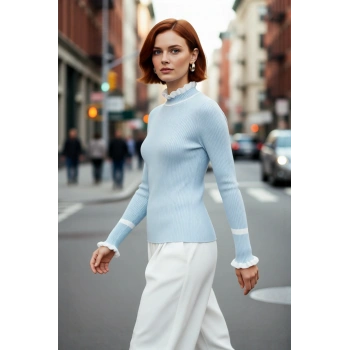 Kadın Triko Fitted Kalıp Dik Yaka Fitilli Renk Bloklu Uzun Kollu Kazak Günlük Tarzın Modern Hali