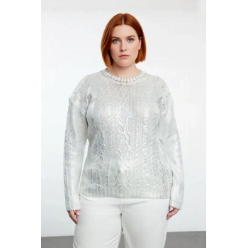 Kadın Triko Gümüş Varak Saç Örgü Crop Bisiklet Yaka Kışlık Rahat Günlük Kazak Stili Kaliteli