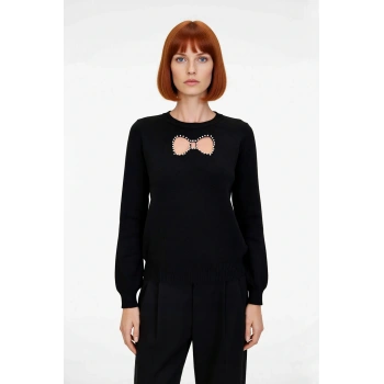 Kadın Triko Kazak Bisiklet Yaka Nakışlı İnci Detaylı Regular Kalıp Uzun Kollu Kışlık Şıklık