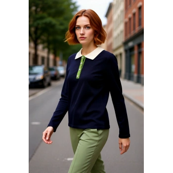 Kadın Triko Kazak Lacivert Renk Bloklu Polo Yaka Taş Düğmeli Soğuk Havalar İçin İdeal Seçim