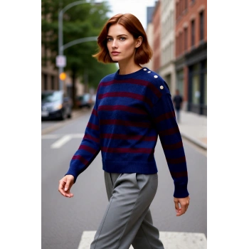 Kadın Triko Kazak Regular Kalıp Omuz Detaylı Bisiklet Yaka Çizgili Düşük Kol Orta Kalınlık