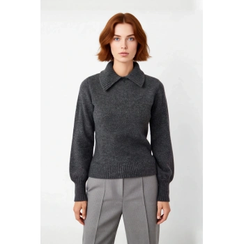 Kadın Triko Kazak Regular Kalıp Polo Yaka Taş Detaylı Uzun Kollu Kışlık Şık Ve Modern Tasarım