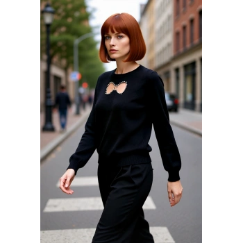 Kadın Triko Kazak Regular Kesim Bisiklet Yaka İnci Kurdele Detaylı Uzun Kollu Kış Şıklığı Kaliteli