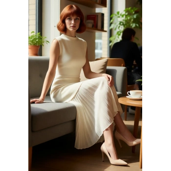 Kadın Triko Kolsuz Maxi Skater Elbise Bisiklet Yaka Modern Şık İlkbahar Sonbahar Giysisi Kaliteli