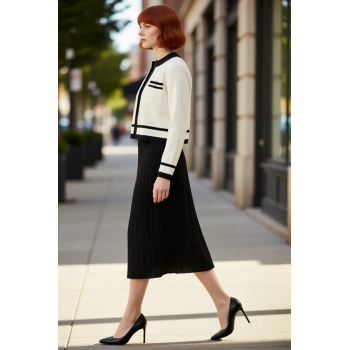 Kadın Triko Midi A Line Hırka Elbise Takım Renk Bloklu Bisiklet Yaka Kış Modası İle Konforlu Şıklık