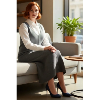 Kadın Triko Midi Elbise Shift Kalıp Gri Düz Desen V Yaka Günlük Şık Akrilik İlkbahar Sonbahar