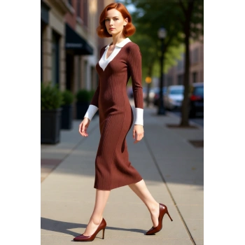 Kadın Triko Midi Elbise Uzun Kollu Polo Yaka Bodycon Kesim Renk Bloklu Smart Ofis Şıklığı Kaliteli