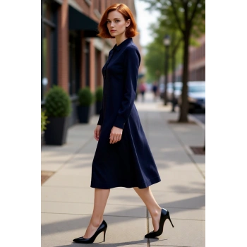 Kadın Triko Midi Polo Yaka Uzun Kollu Şık Shift Kalıp Elbise Casual ve Konforlu Günlük Kullanım İçin