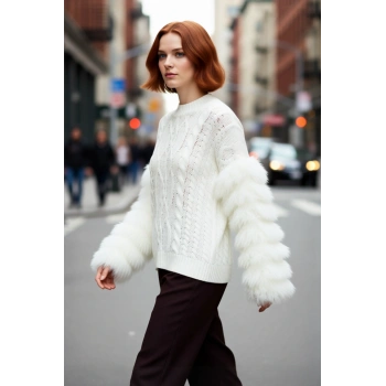 Kadın Triko Oversize Kalıp Saç Örgülü Düşük Kol Püsküllü Kazak Günlük Şıklık Sunar Kışa Özel