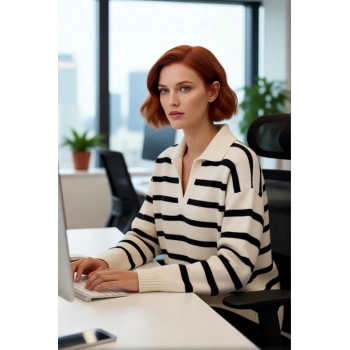 Kadın Triko Polo Yaka Kazak Oversize Kalıp Çizgili Deseniyle Modern ve Konforlu Kış Giyimi