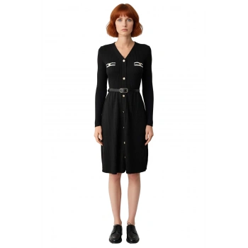 Kadın Triko Siyah Midi Elbise Fitilli Kumaş V Yaka Düğmeli Kemerli Uzun Kollu Şık Günlük Stili