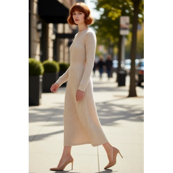 Kadın Triko Skater Kalıp Düz Desen Maxi Elbise Bisiklet Yaka Uzun Düşük Kol Kış Sezonu Şıklığı