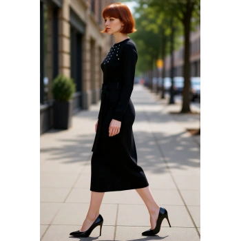 Kadın Triko Taş Detaylı Kuşaklı A Line Maxi Boy Elbise Şık Kışlık Tesettür Giyim İçin İdeal