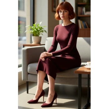 Kadın Triko Uzun Kollu Maxi Boy Kayık Yaka Düz Desenli Esnek Şık Gündüz Gece Elbisesi Kaliteli