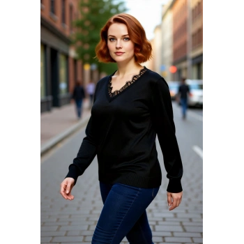 Kadın Triko V Yaka Kazak İnce Dokusuyla Konfor Sunarken Dantel Detayları Zarafet Katar Kaliteli