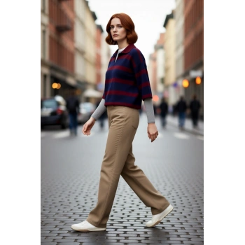 Kadın Truvakar Kol Polo Yaka Çizgili Triko Kazak Basic Rahat Kesimiyle Şık ve Konforlu Günler İçin