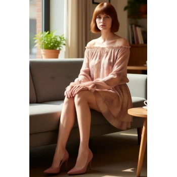 Kadın Tül Dokulu Skater Kalıp Carmen Yaka Uzun Balon Kol Fırfırlı Astarlı Mini Elbise Kaliteli