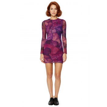 Kadın Tül Kumaş Örme Bisiklet Yaka Uzun Kollu Fitted Astarlı Soyut Desenli Mini Elbise Şık