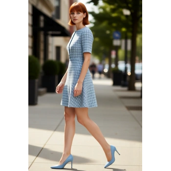 Kadın Tüvit Dokuma Skater Mini Elbise Bisiklet Yaka Kısa Kollu Modern Ofis Şıklığı İçin İdeal